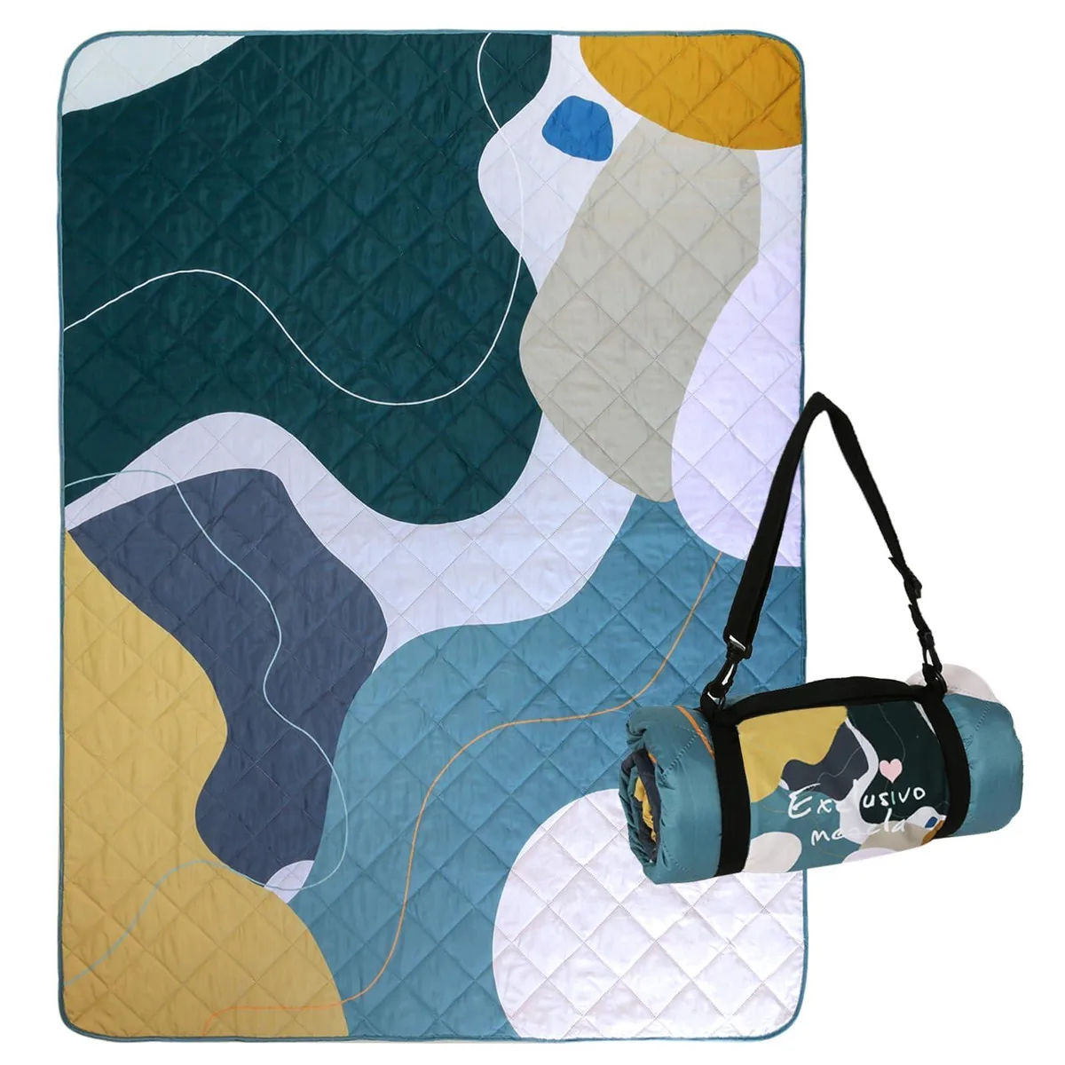 Large rectangular picnic blanket with quilted top, folded with shoulder strap attached