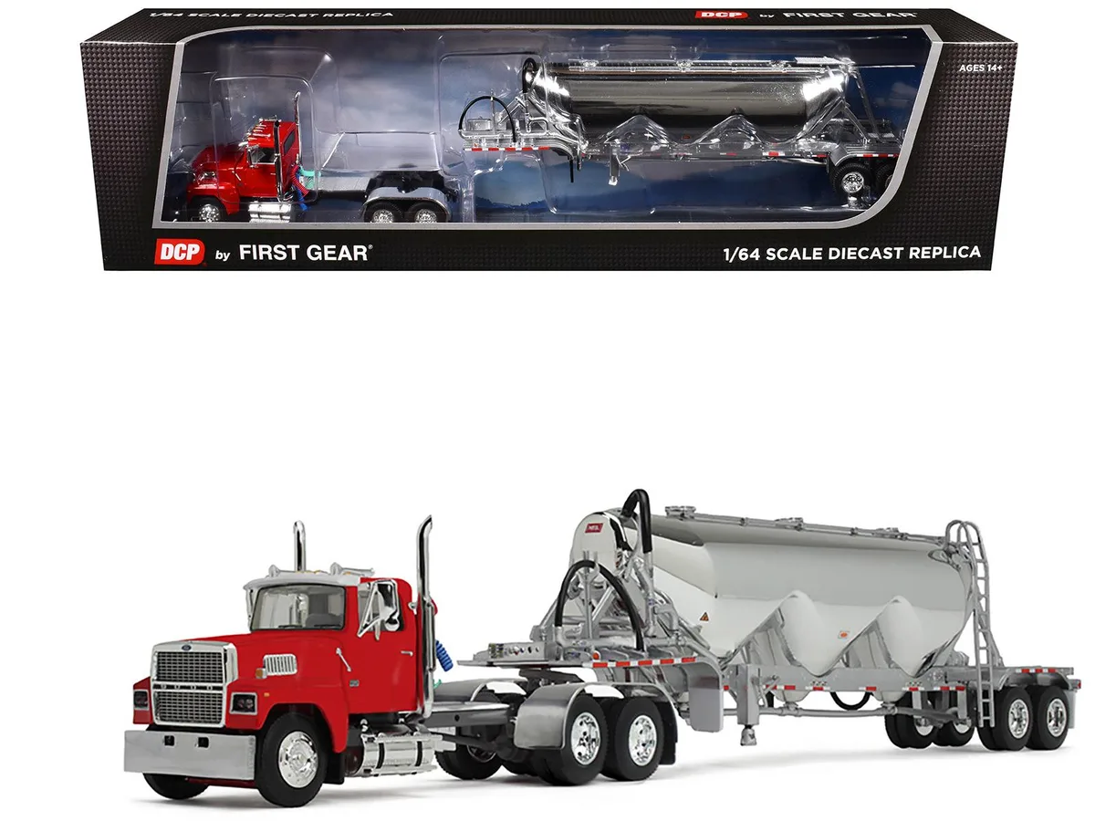First Gear First Gear Ford LTL 9000 Day Cab with Heil Pneumatic Tank Trailer Heil Red 1/64 Diecast Hobby Collectible — product photo