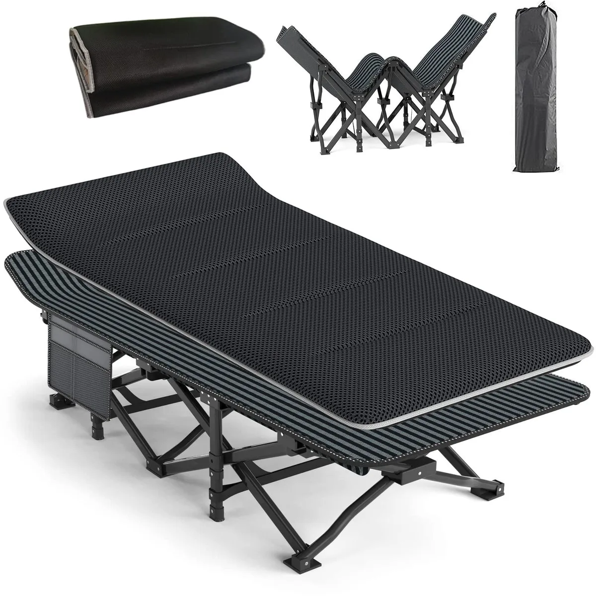 Folding steel-frame cot with removable cushion, side pocket and carry bag