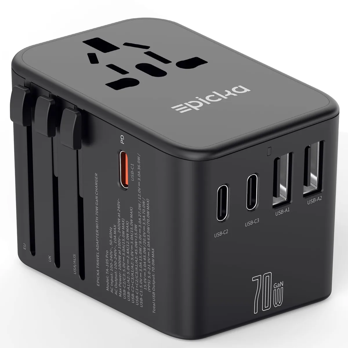 Compact black travel adapter with slide-out plugs and five USB ports