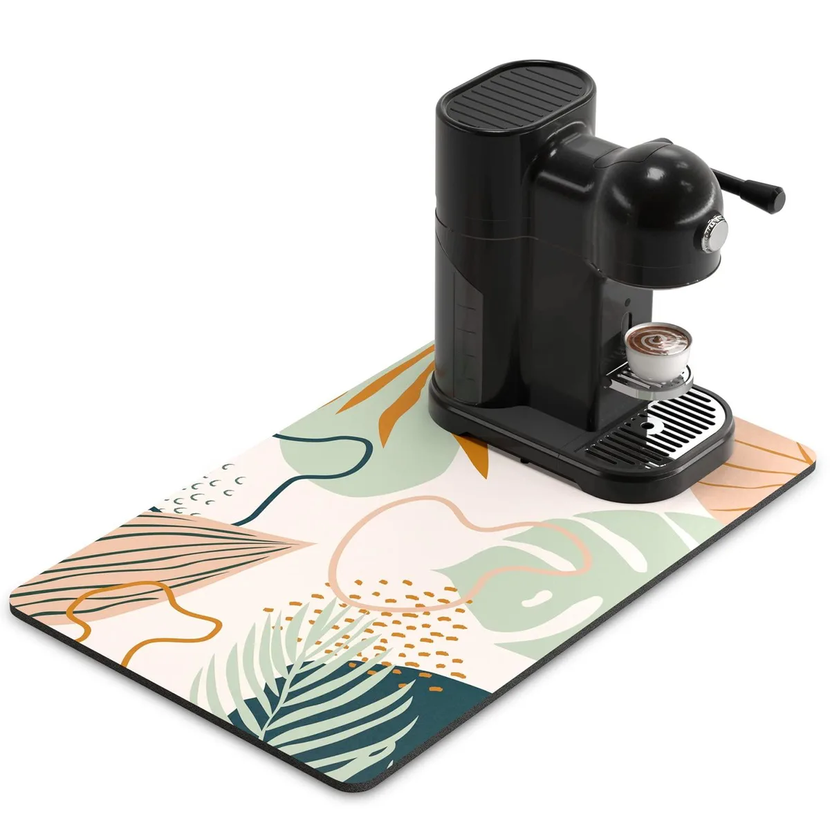 Rectangular coffee mat 12 by 19 inches with tropical boho print on suede surface and rubber backing