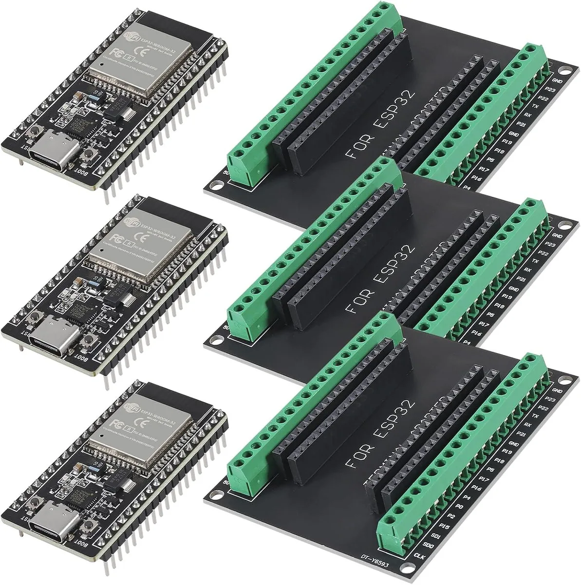 Three ESP32 development boards with USB-C ports and breakout shields