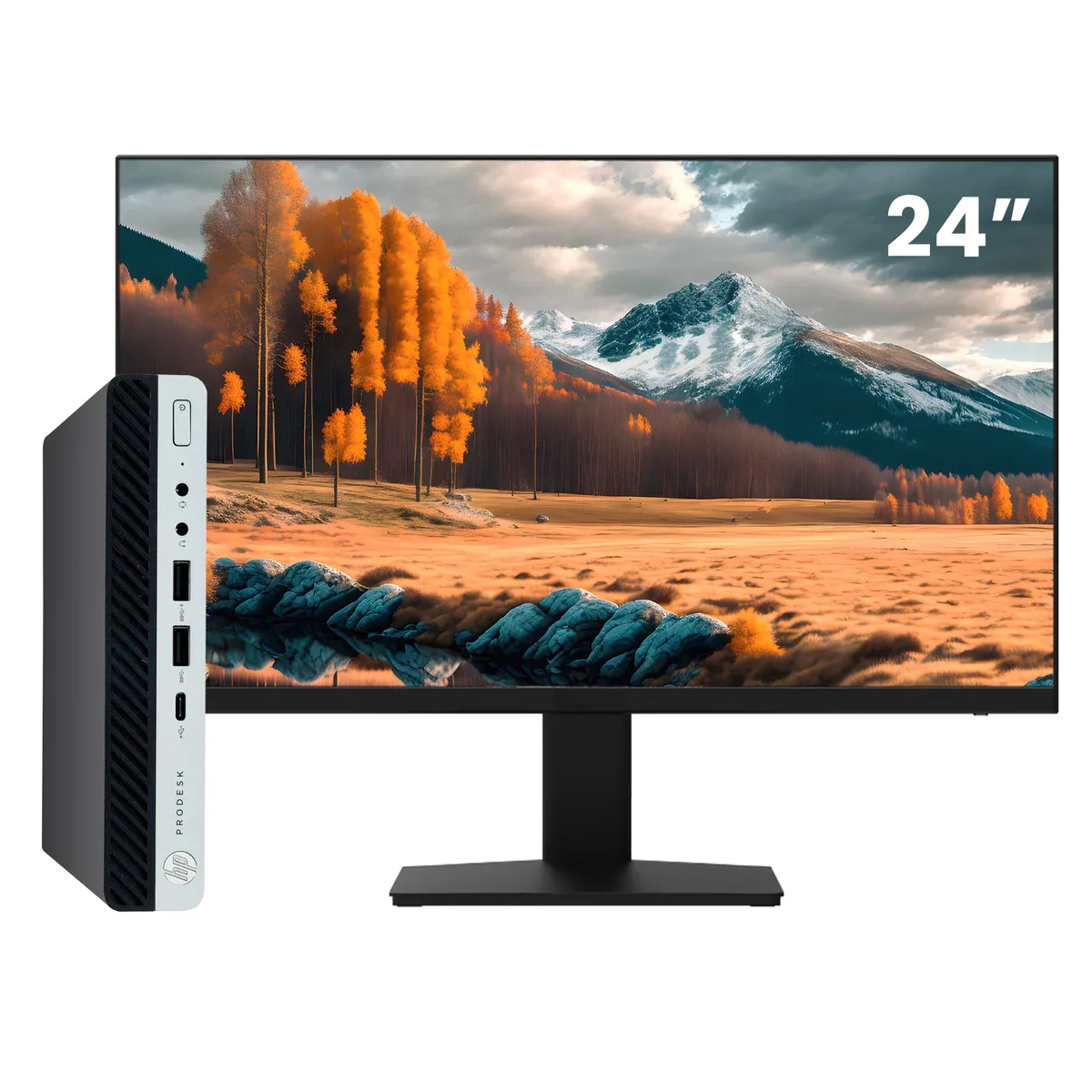 HP HP ProDesk 600 G5 Tiny desktop PC i5-9500T 32GB 1TB NVMe 24" monitor — product photo