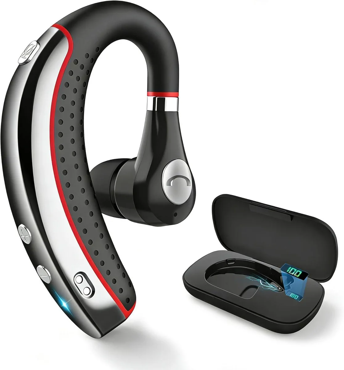 Red single-ear Bluetooth 5.3 earpiece with 500mAh charging case and LED display