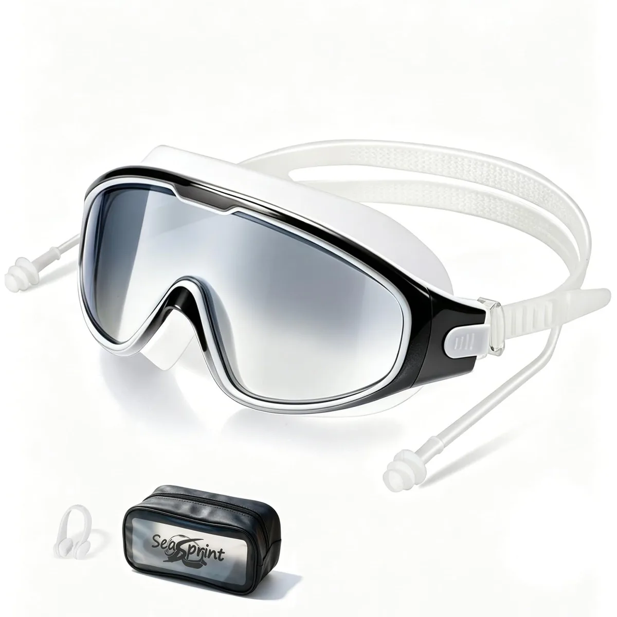 Gradient black swimming goggles with wide polycarbonate lenses, silicone frame and adjustable strap