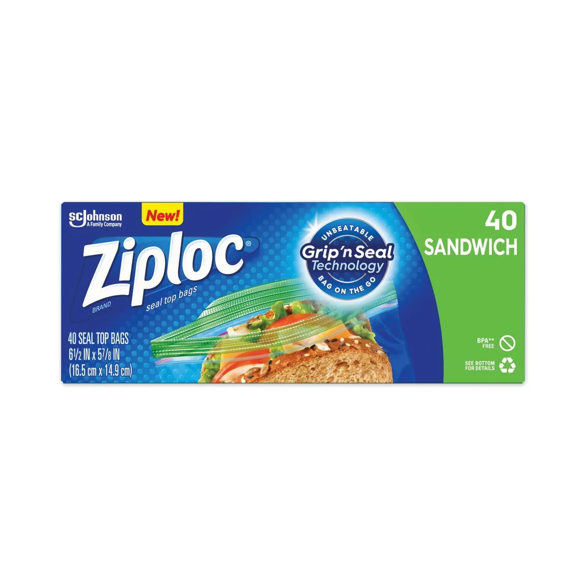 Clear rectangular Ziploc sandwich bags with pinch seal tabs, 40 count pack
