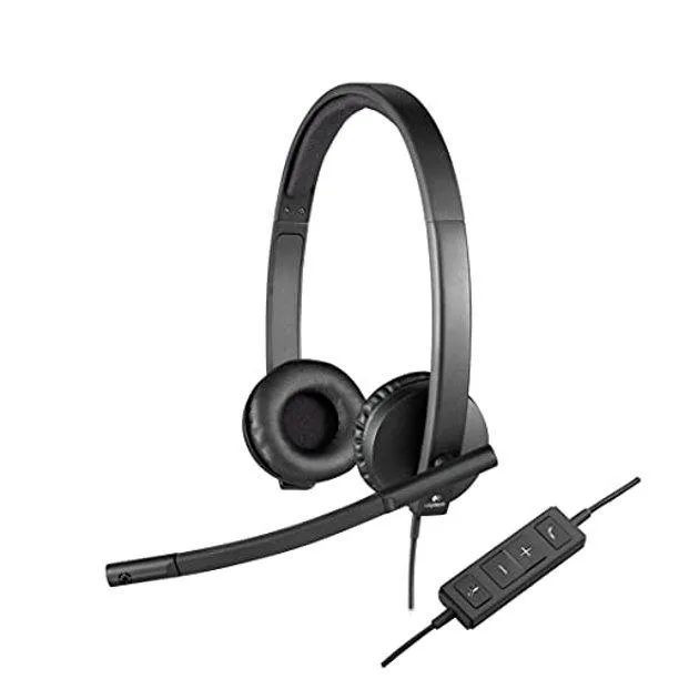 Black on-ear stereo headset with padded leatherette ear cups, reinforced headband, noise-cancelling boom mic and inline USB controls
