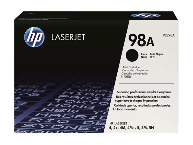 Rectangular black toner cartridge in sealed packaging