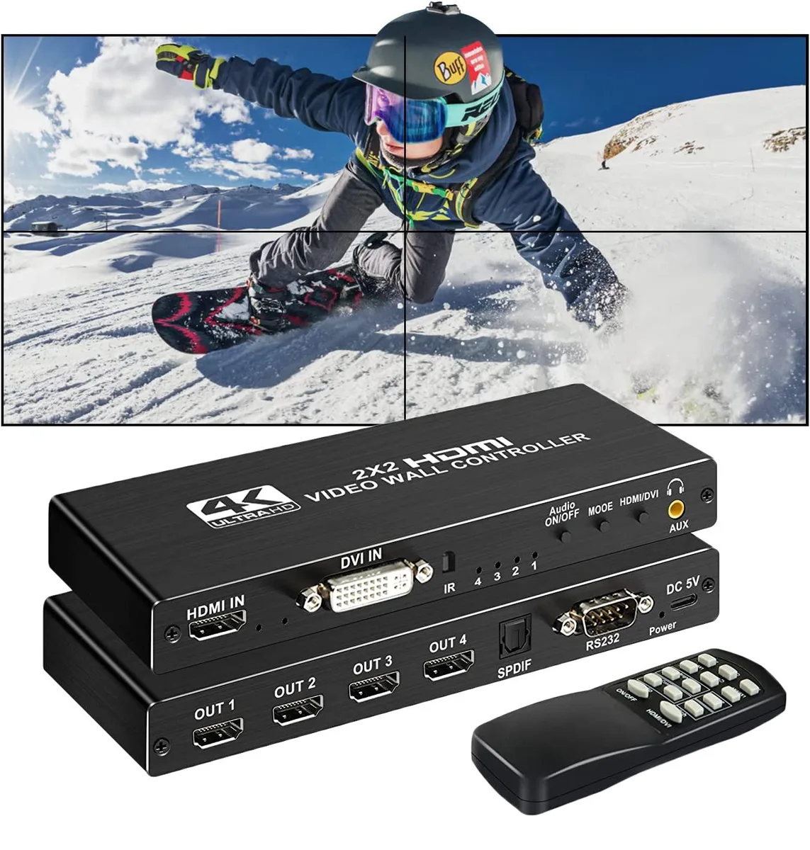 Jansicotek Jansicotek OZP1 2x2 Video Wall Controller 4K30 in 1080P60 out 1×4 HDMI RS232 8 modes 180° rotation — product photo
