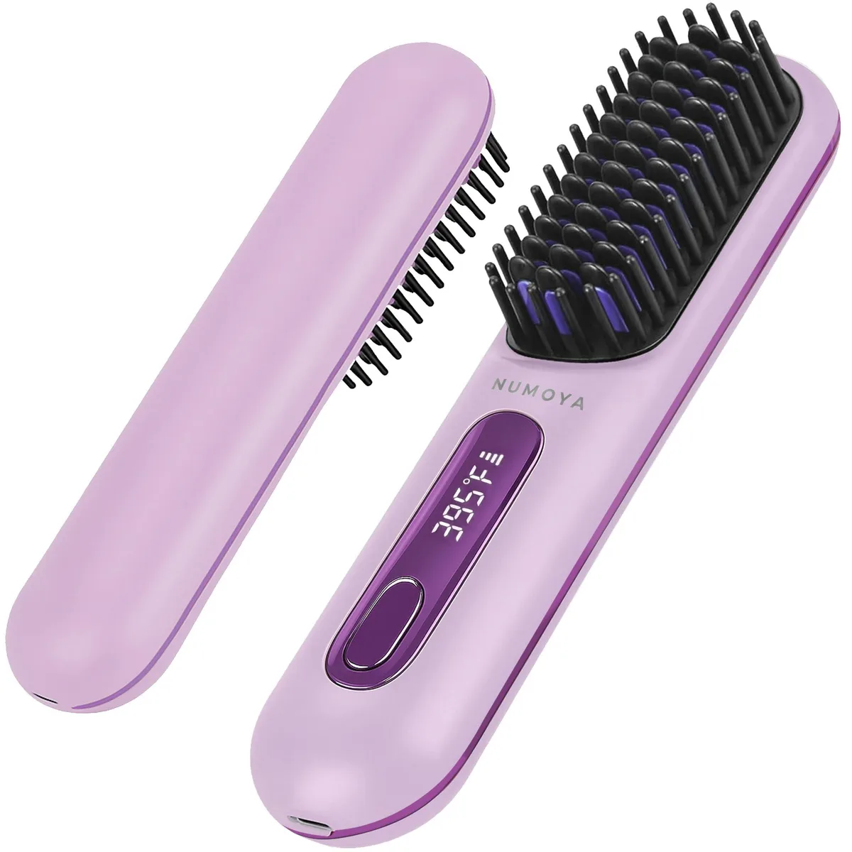 Purple cordless hair straightener brush with ceramic bristles