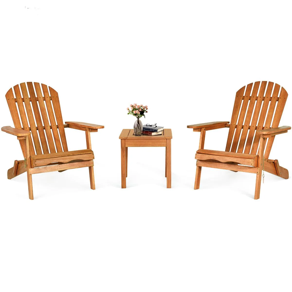 Three folding Adirondack chairs and a side table in solid eucalyptus wood
