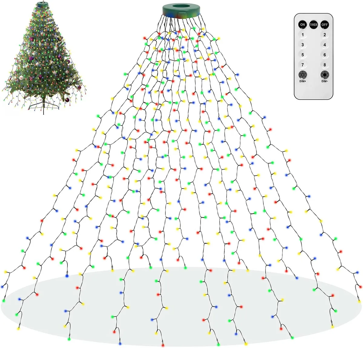 Sixteen multicolor LED strings cascade from a top ring, 6.6 ft each, with plug controller and remote