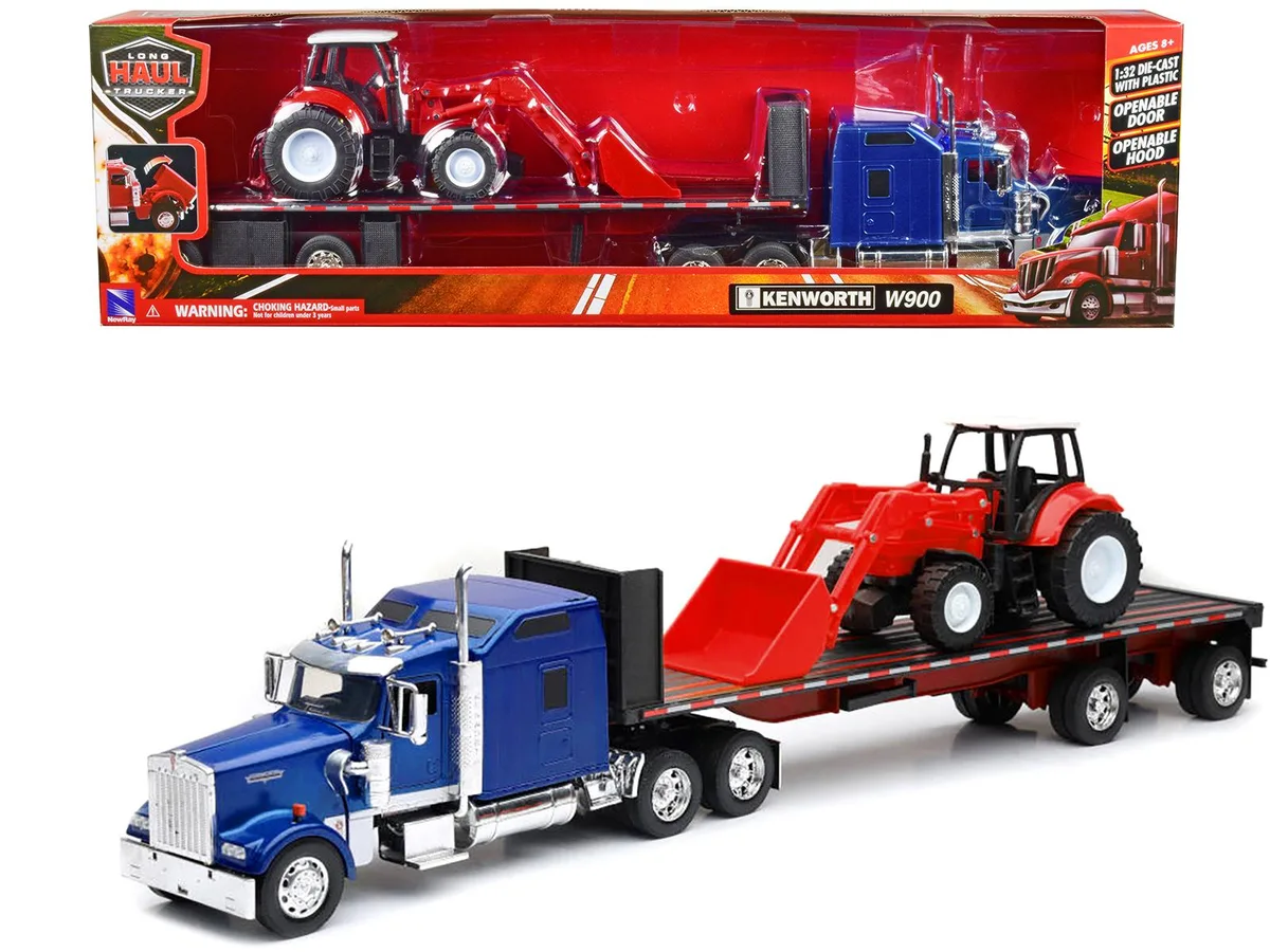 New Ray Toys New Ray Toys Kenworth W900 Blue Metallic with Red Farm Tractor 1/32 Diecast — product photo