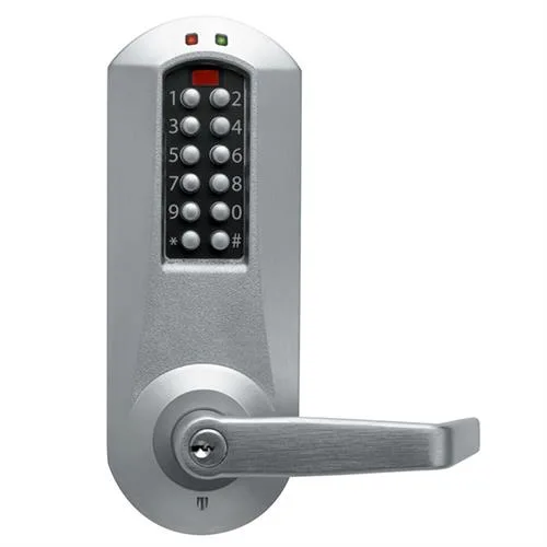 Satin chrome electronic pushbutton door lock with lever handle