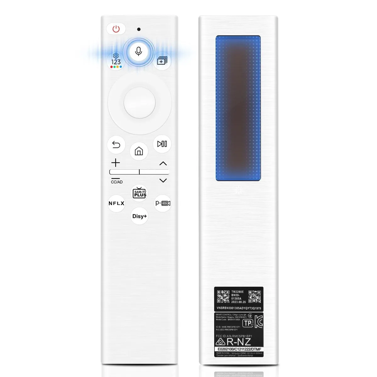 White rectangular remote with solar panel on back and four shortcut buttons