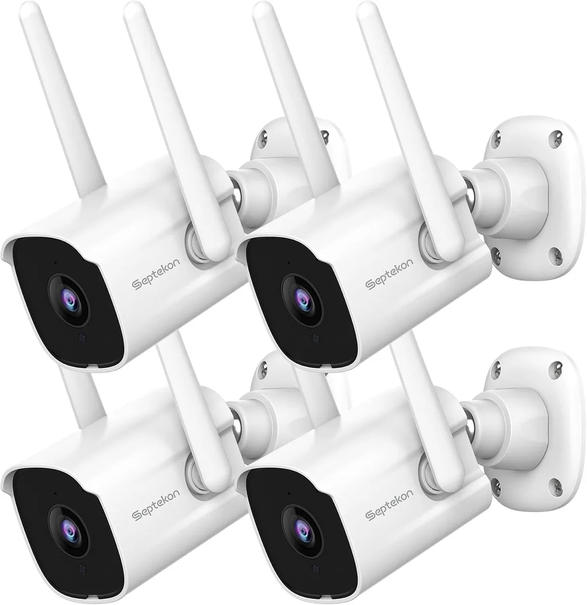 Four white bullet cameras with black lens housings and wall mounts