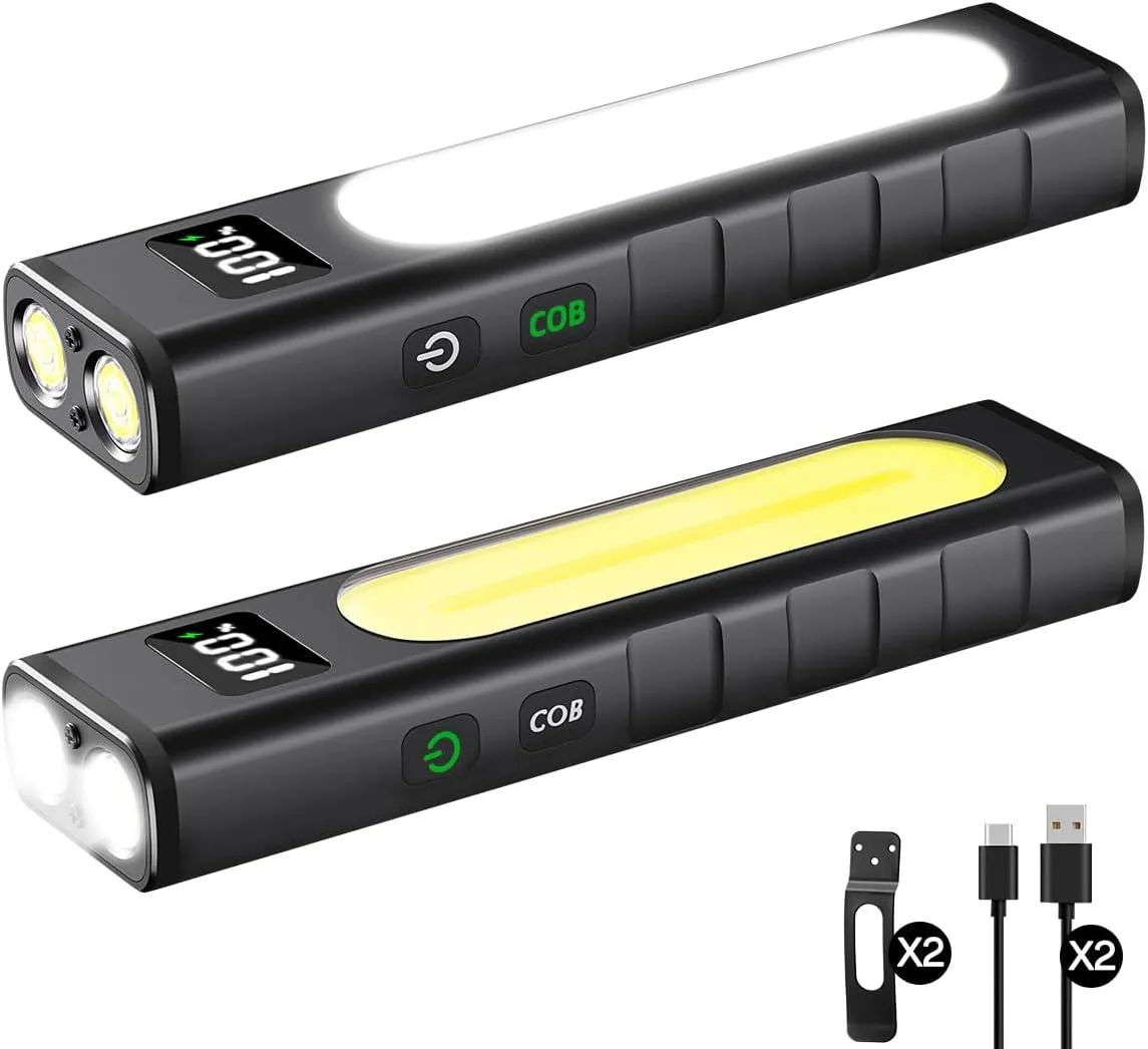Flat rectangular EDC flashlight with matte aluminium body, magnetic base and LCD power display