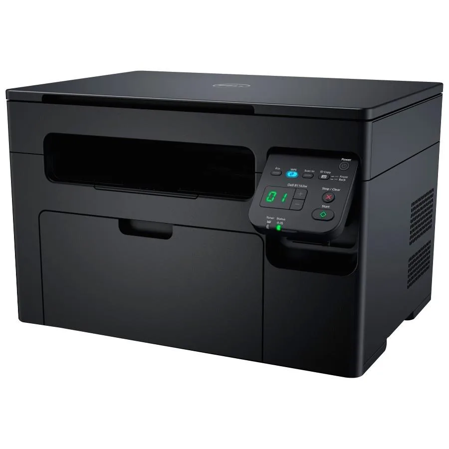 White rectangular desktop laser multifunction printer with flatbed scanner lid closed