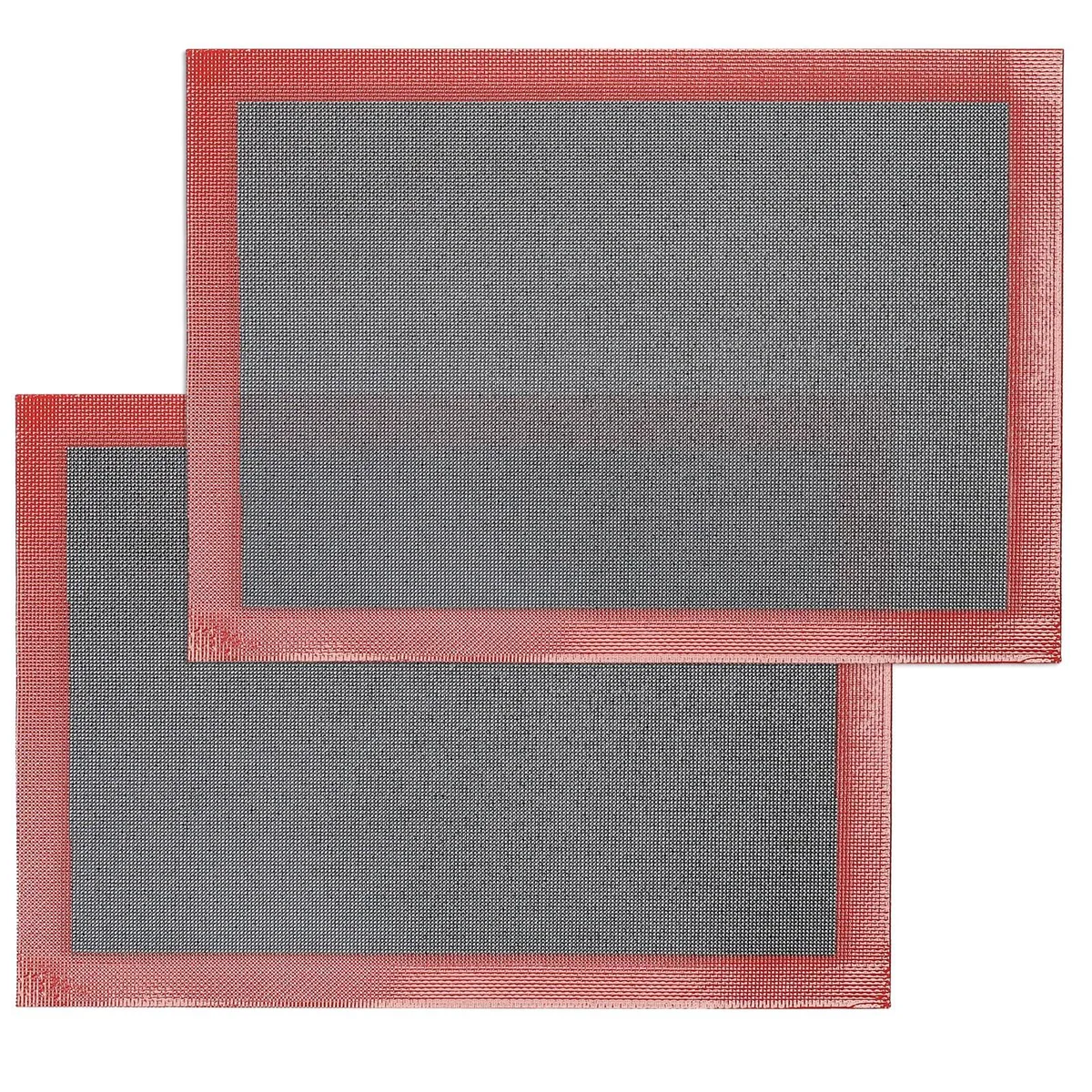 Two black perforated silicone mats with red trim, 13 by 18 inches