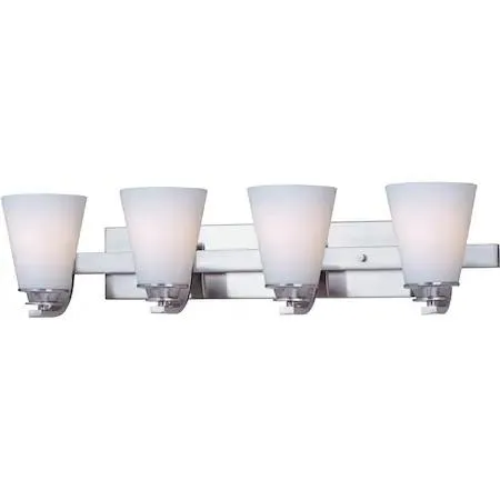 Four-light vanity bar in satin nickel with conical white glass shades, 26.25 inches wide
