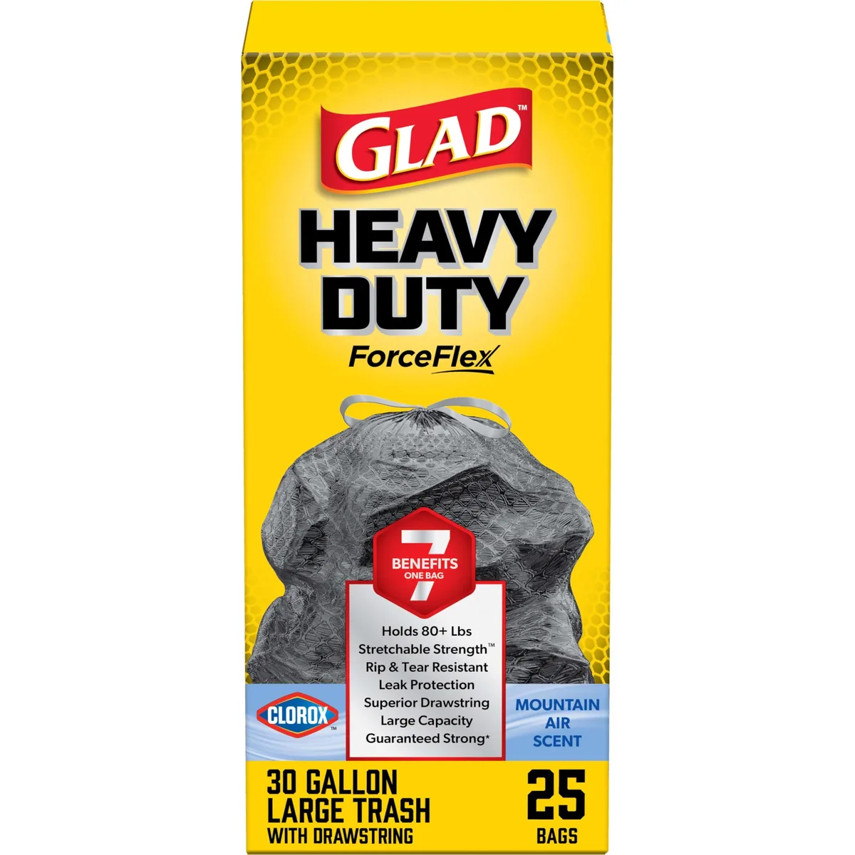 White 30 gallon drawstring trash bags in a 25 count pack