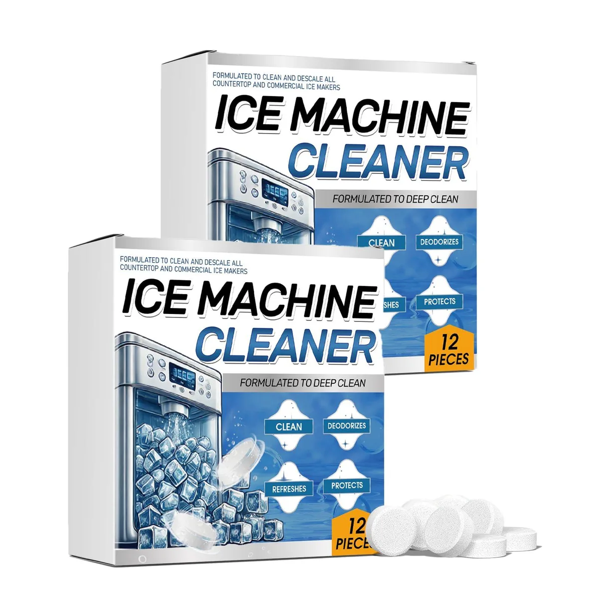 White jar of 24 lemon descaling tablets for ice makers