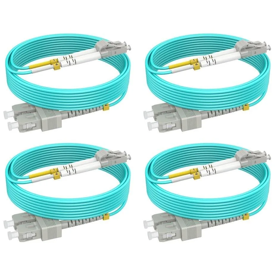 Four aqua duplex fiber cables with LC and SC connectors coiled together