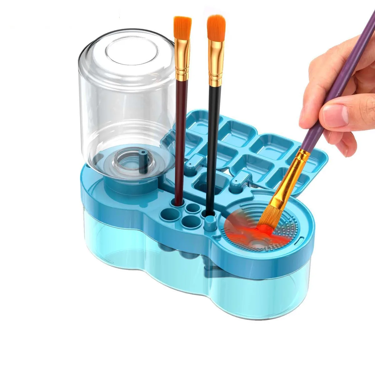 Blue 4-in-1 paint brush cleaner tool with integrated cup palette and holder