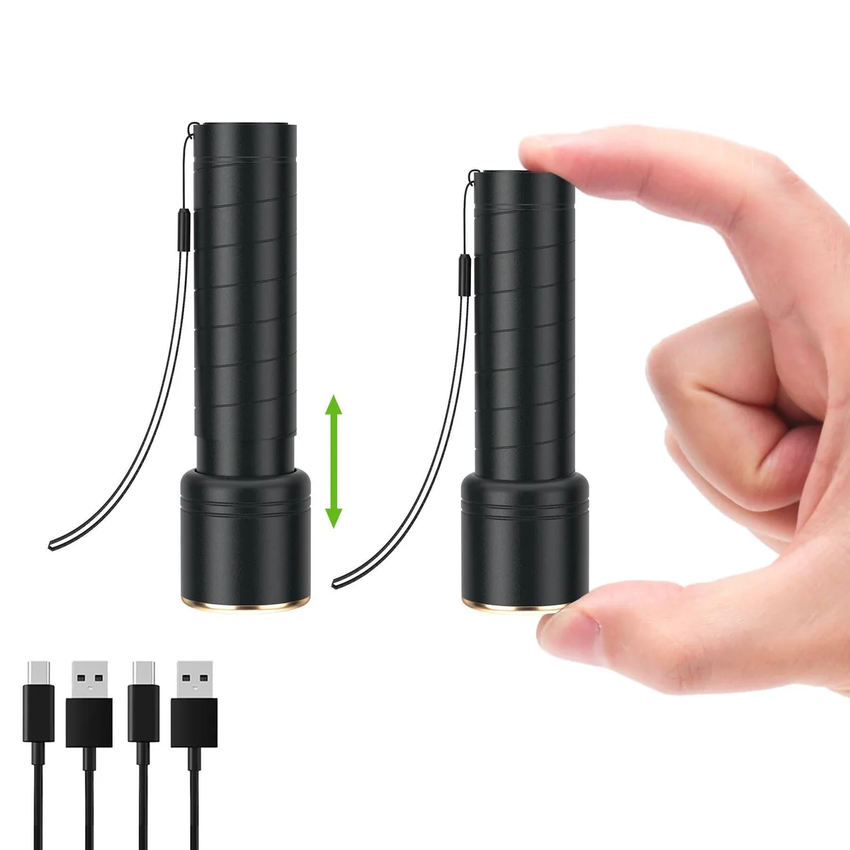Two black aluminum flashlights 4.1in long with USB-C ports and wrist straps