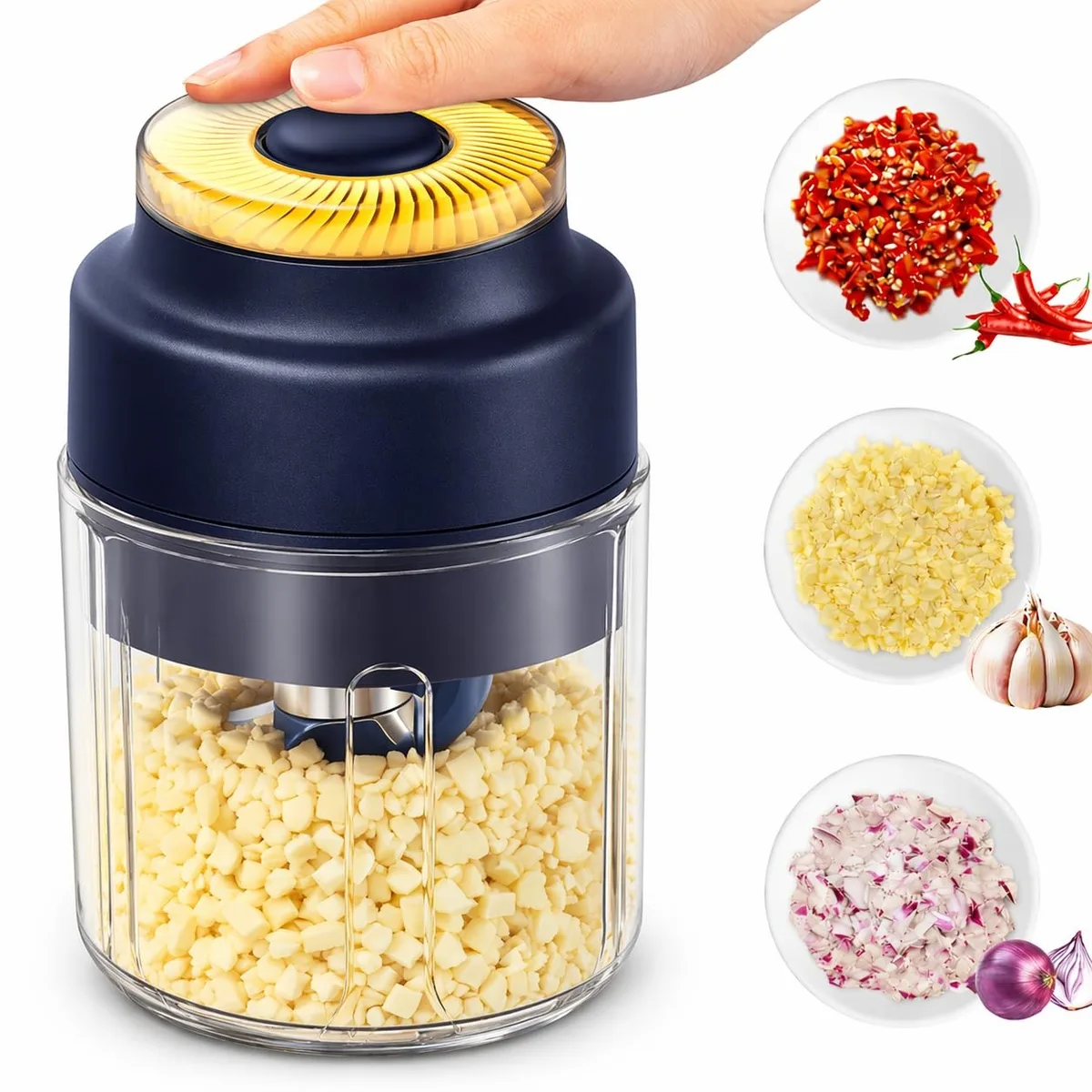 Small gold electric food chopper with detachable cup and dual blades, USB rechargeable, compact handheld size