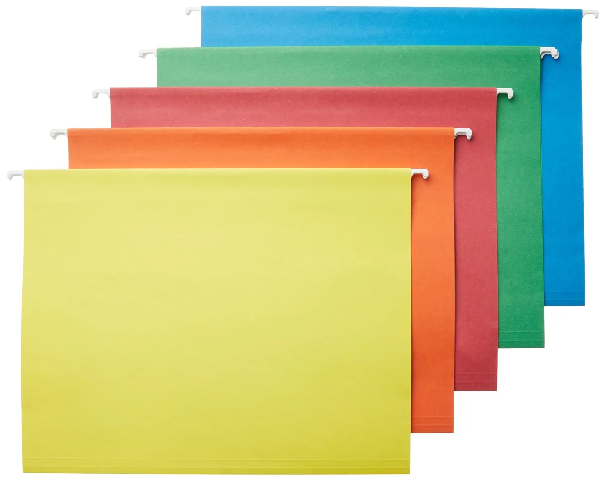 Twenty-five letter-size hanging file folders in assorted colours with clear plastic tabs