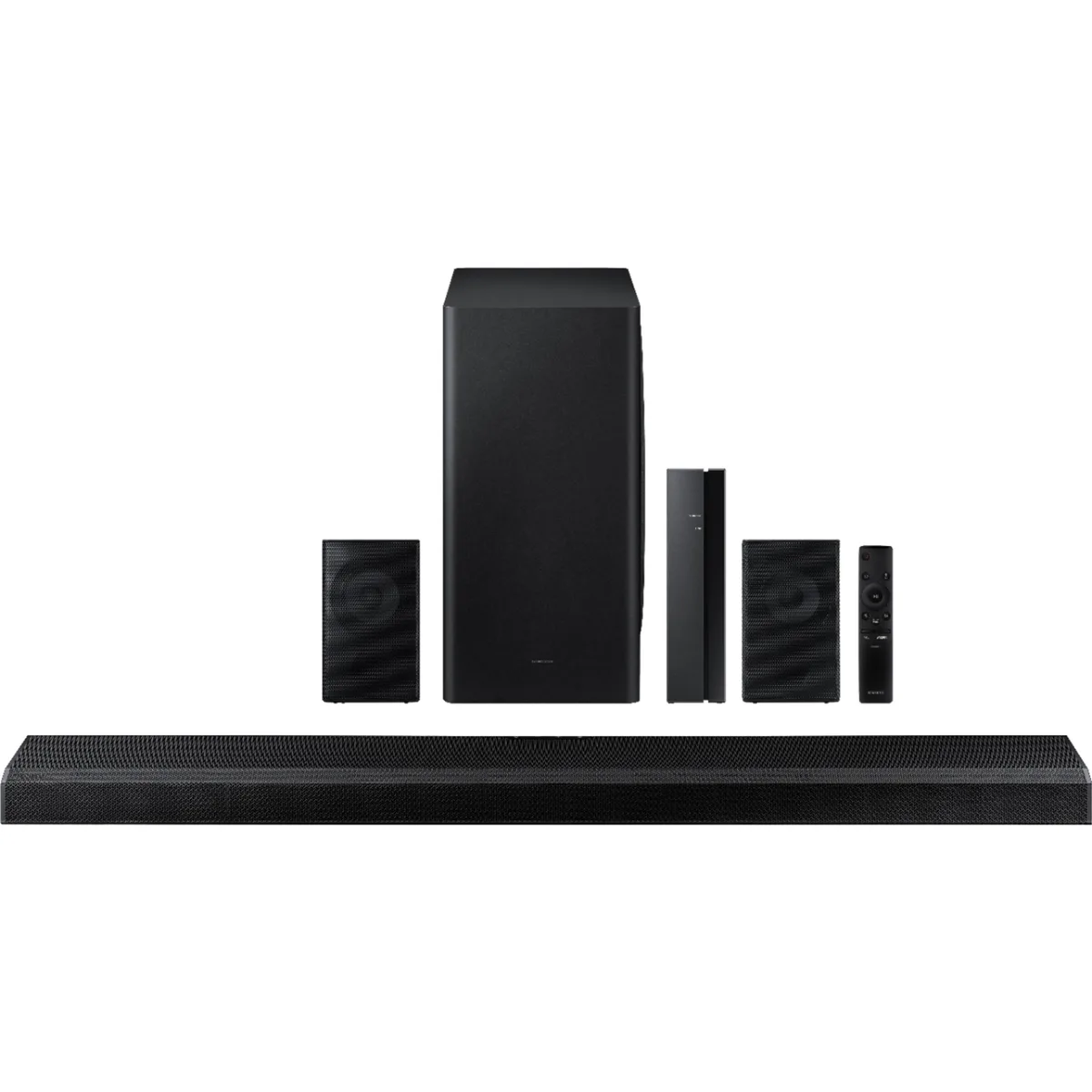 Black rectangular soundbar with separate subwoofer and up-firing drivers