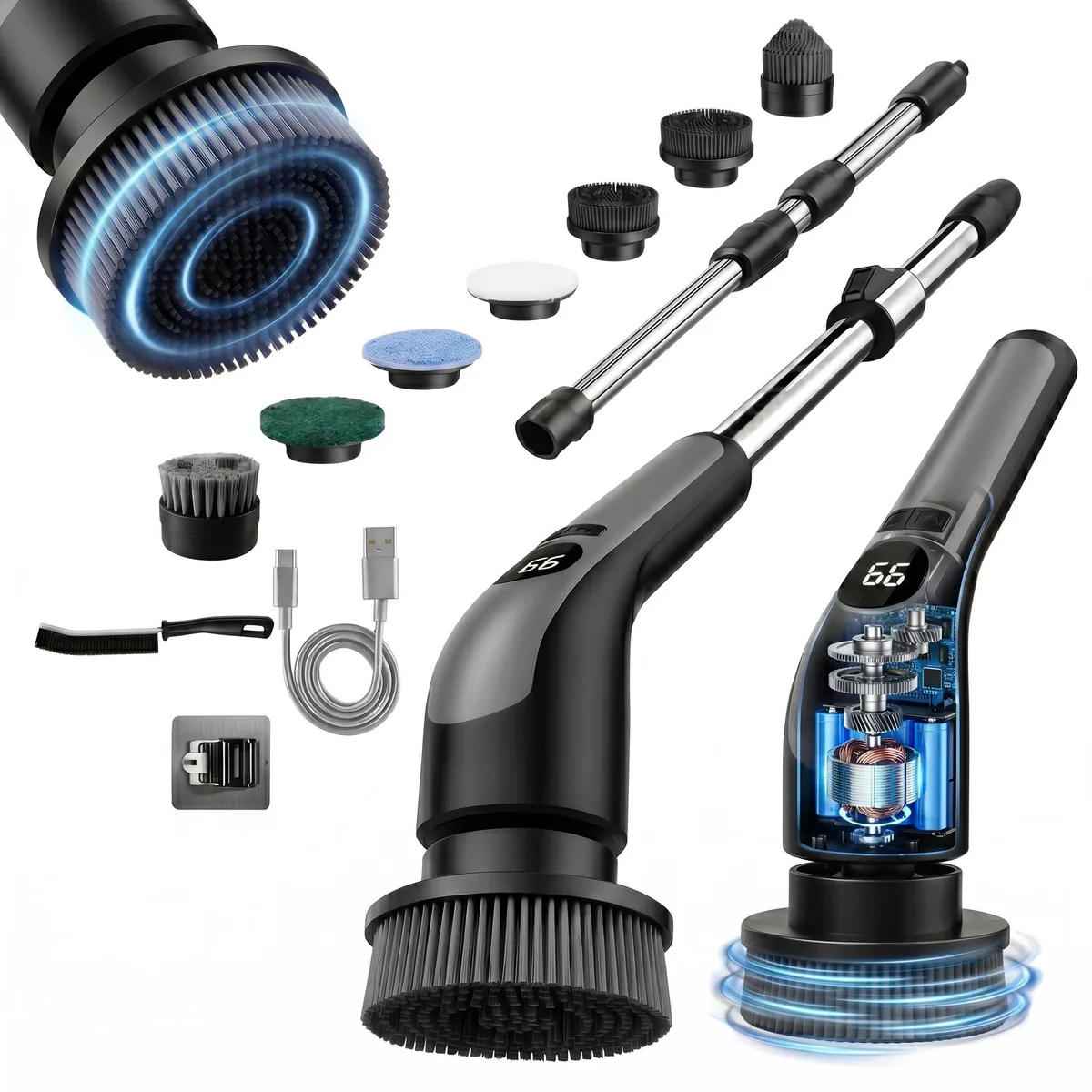 White cordless spin scrubber with LCD display extendable handle and seven brush heads