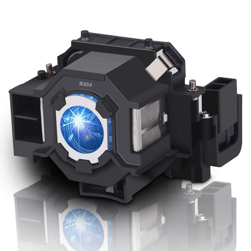 A rectangular black projector lamp module with integrated housing and connectorVisible front and side, silver label on top
