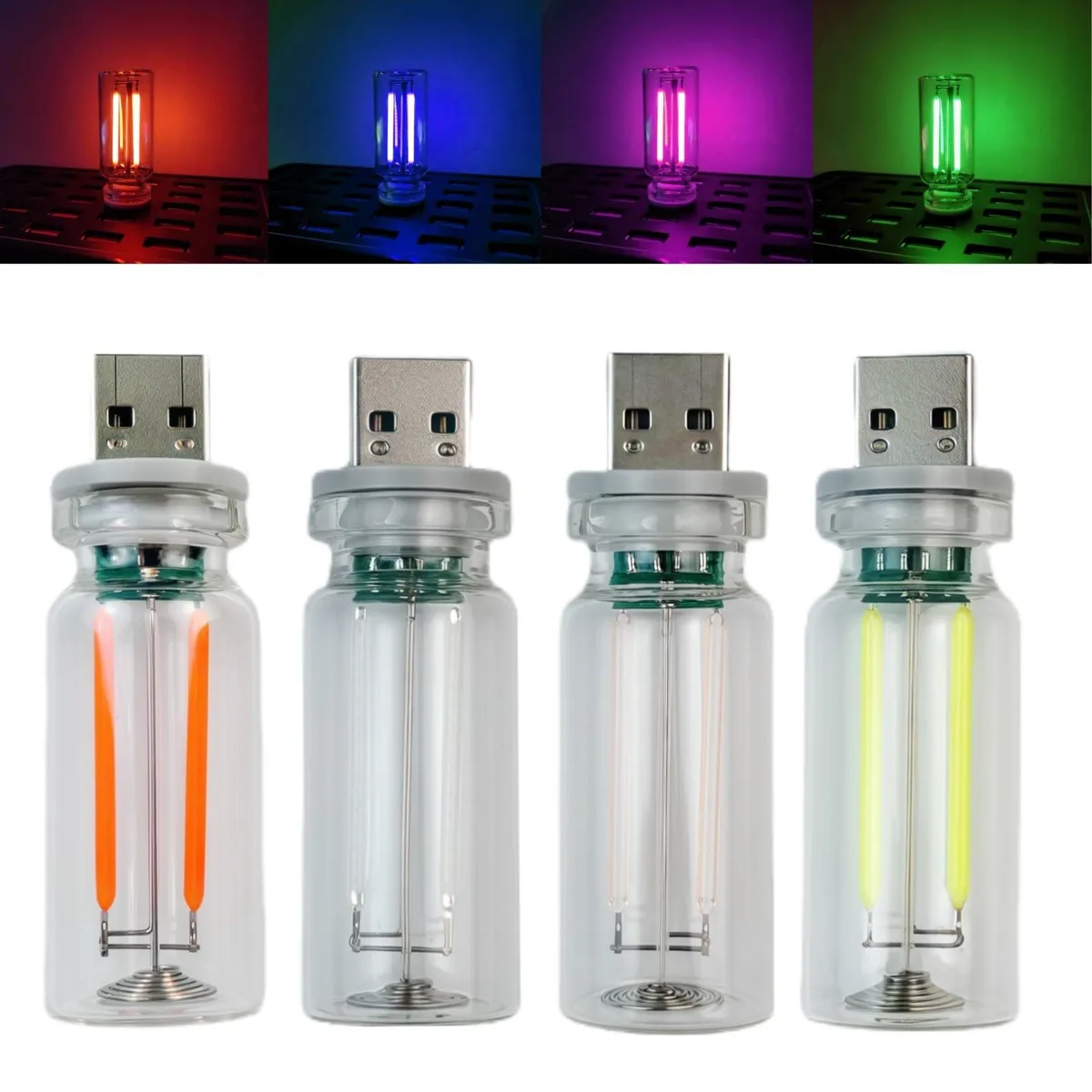 Four small glass USB bulbs with visible filaments, touch controls, multiple colours