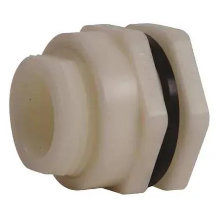 White polypropylene bulkhead fitting with threaded female ends
