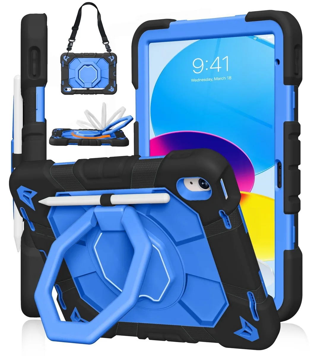 Bipra Bipra 2 in 1 accessory case iPad A16 11th 10th Gen 360 rotating stand pencil holder shoulder strap Blue Black — product photo
