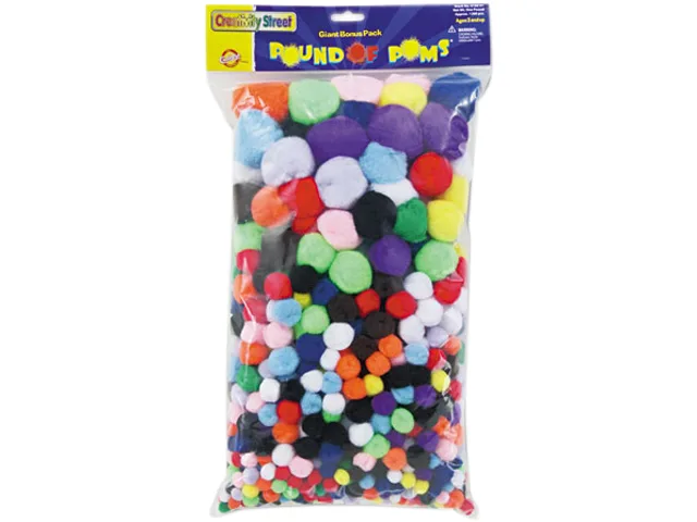 Giant 1 lb bag of assorted acrylic yarn pompons in various sizes and colors