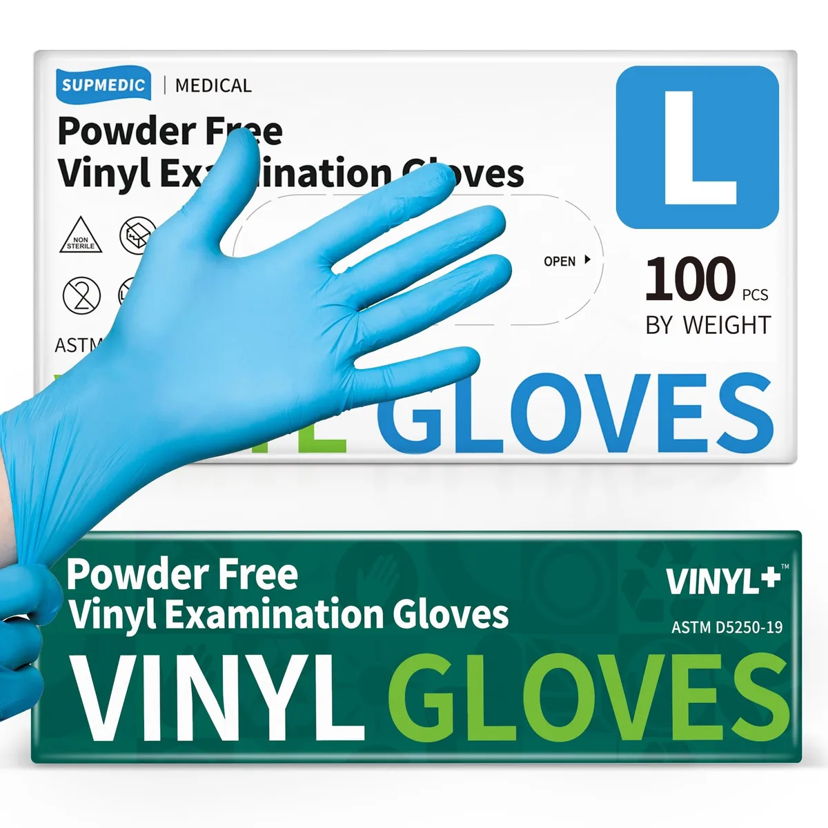 Blue vinyl disposable gloves in a box of 100, size large, powder-free latex-free finish