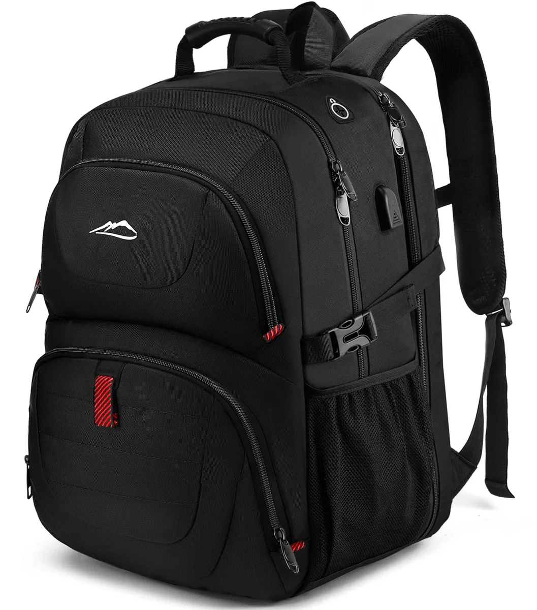 Black polyester laptop backpack with top handle and multiple compartments