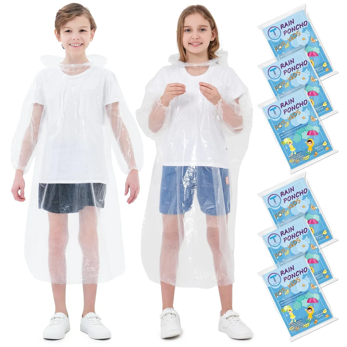 TUNCHMO Disposable Rain Ponchos for Kids 6 Pack Extra Thick Clear PE — product photo