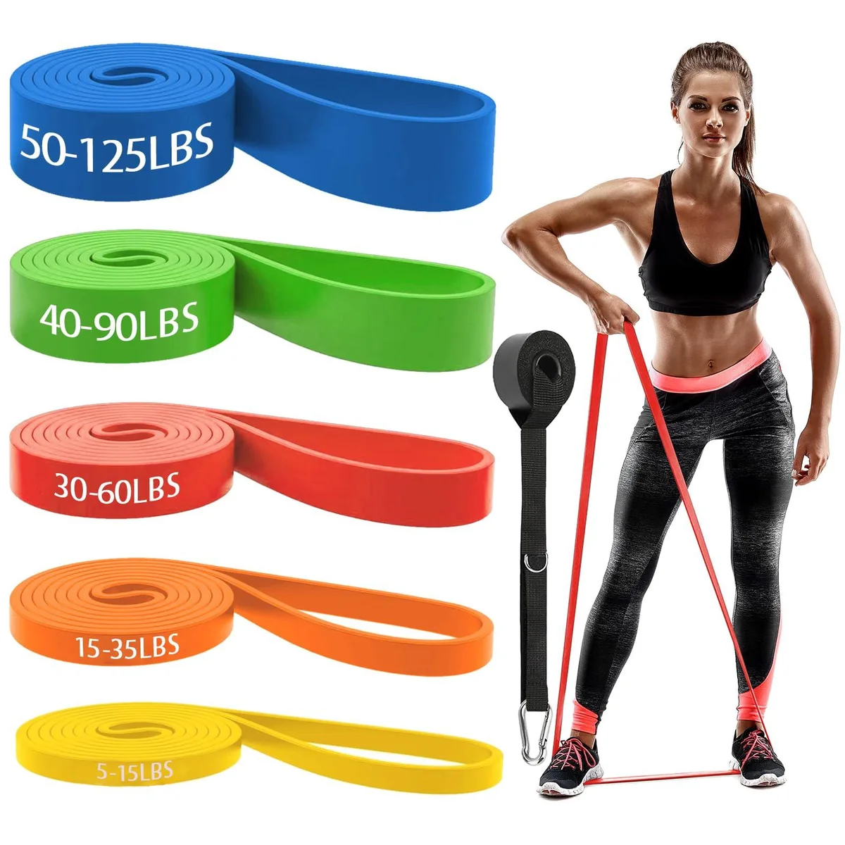 Set of five coloured resistance bands with door anchor and carry bag
