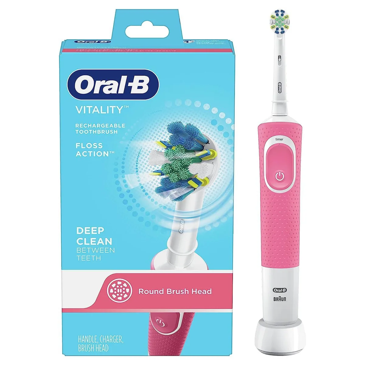 Pink rechargeable electric toothbrush with charging base and FlossAction brush head
