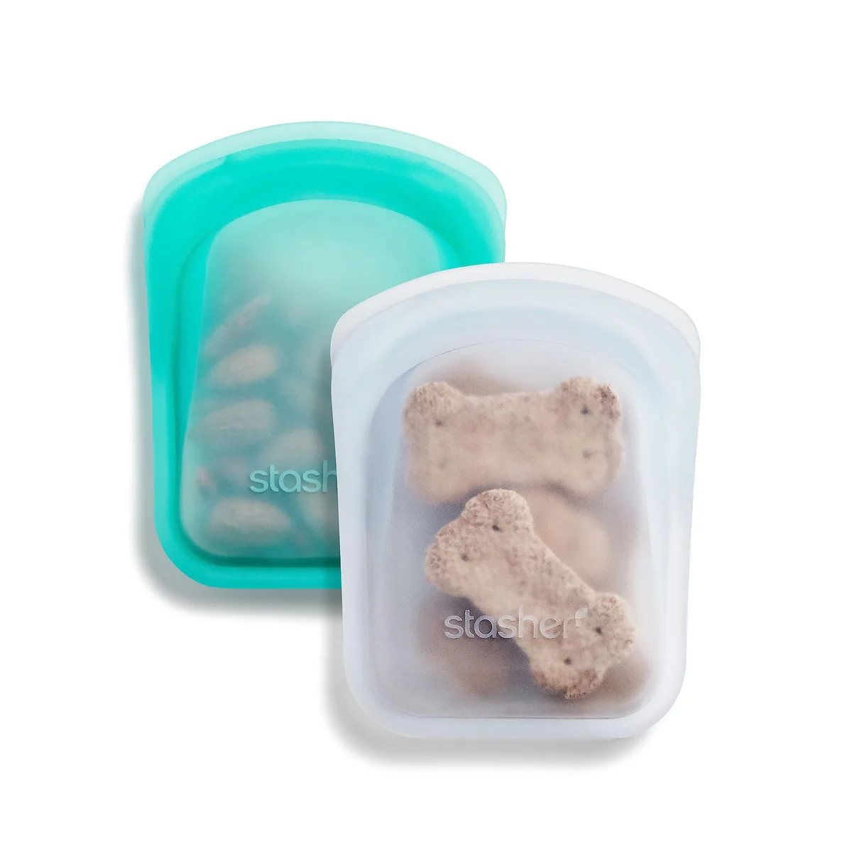 Two clear and aqua silicone pocket bags lying flat