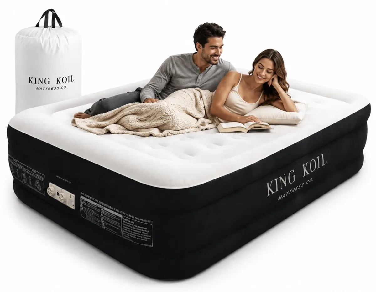 Black queen-size air mattress 80 by 60 by 13 inches with flocked top built-in pillow and pump