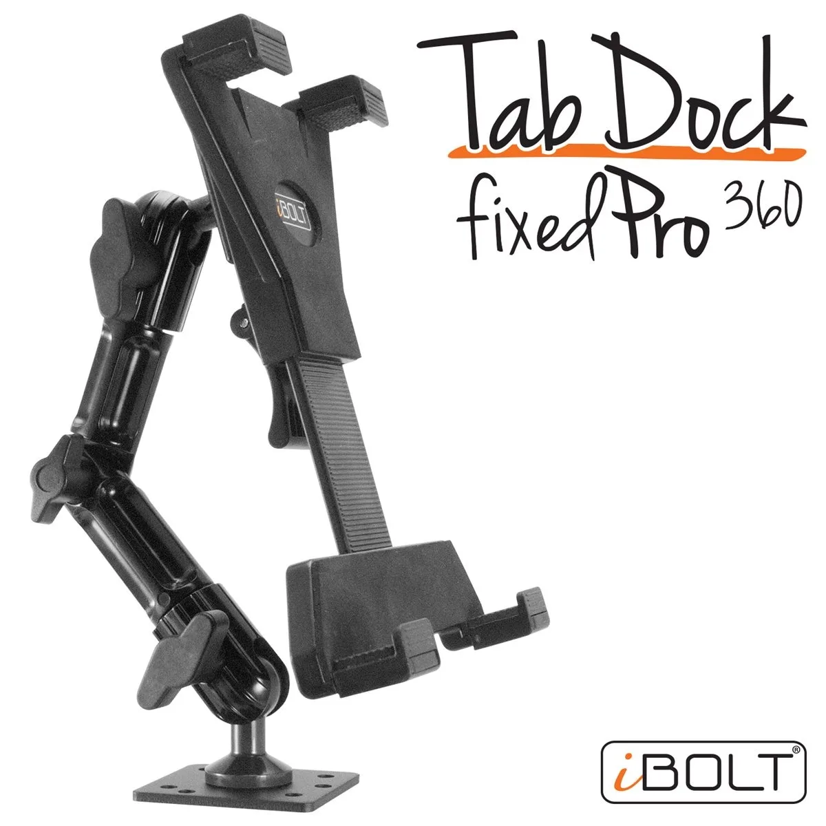 Black tablet grip on aluminum arm with drill-base mount