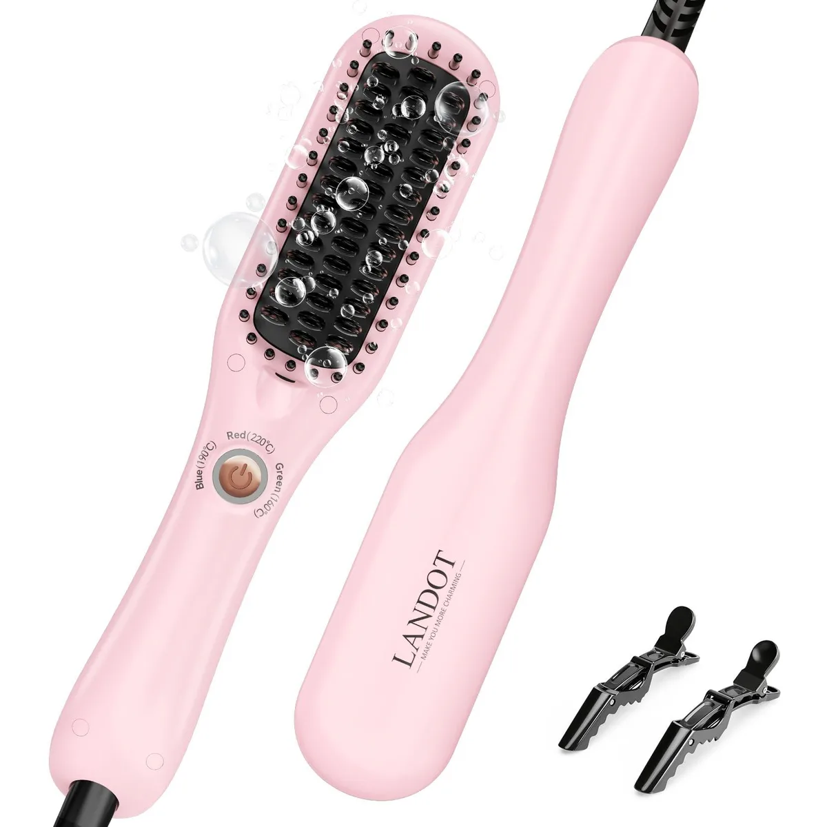 Compact mini heated straightening brush with ceramic bristles, glossy white finish, velvet pouch included