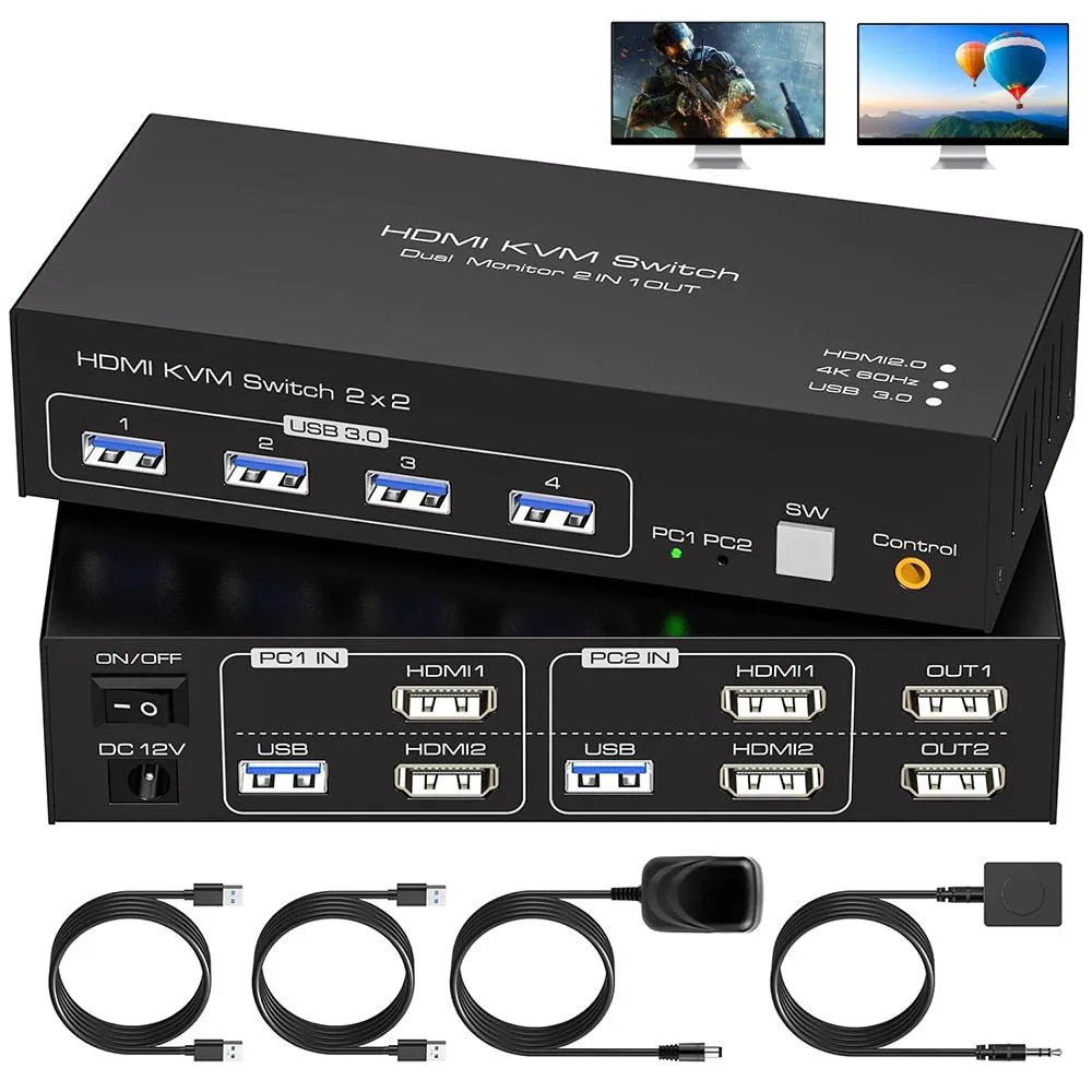 Hitoor Hitoor 2 Port HDMI Dual Monitor KVM Switch 4K@60Hz USB 3.0 — product photo