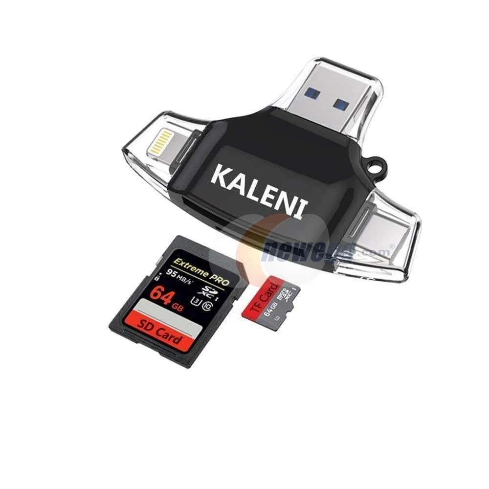 Corn Electronics Corn Electronics 4-in-1 Card Reader Black USB 3.0 5Gbps Lightning Micro USB Type C 128GB max — product photo