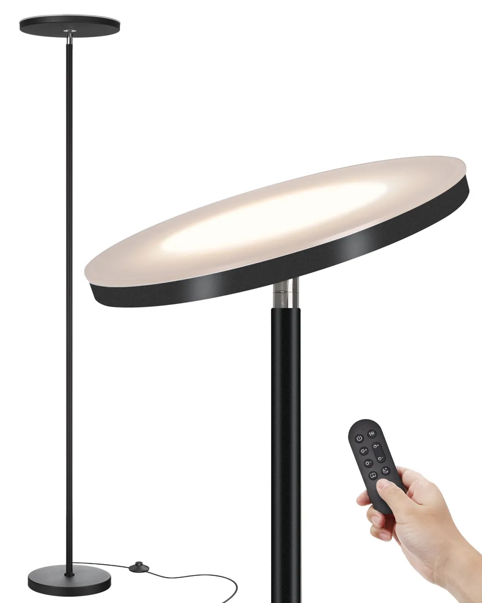 Tall orange floor lamp with rectangular metal shade and weighted base